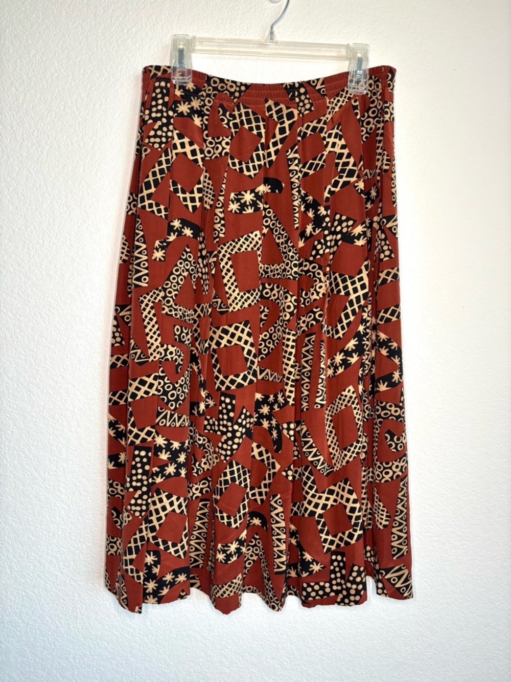 Vintage Anne Klein SILK Rust Patterned A-Line Midi Skirt